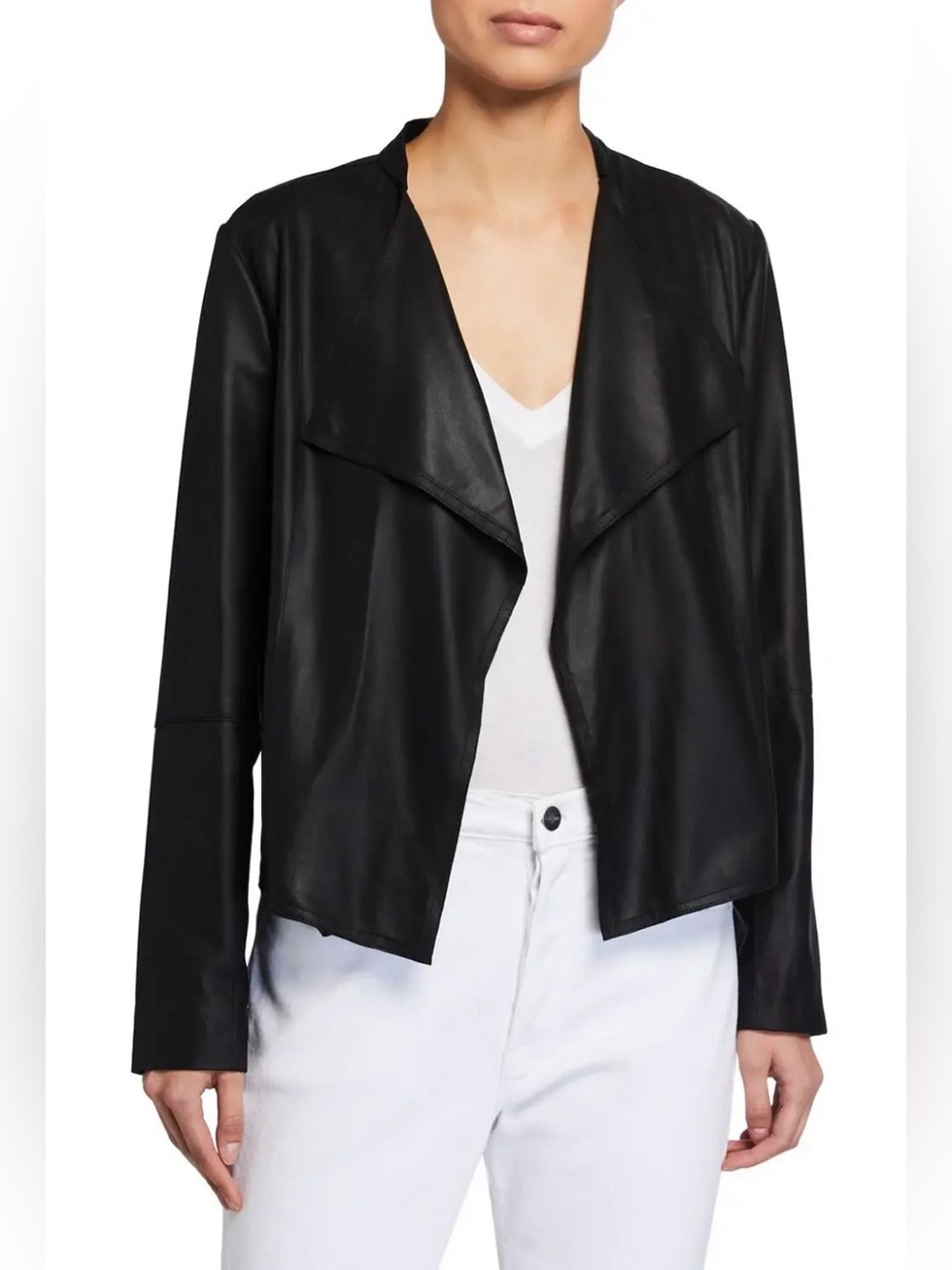 Neiman Marcus the leather collection open drape front black leather jacket sz M